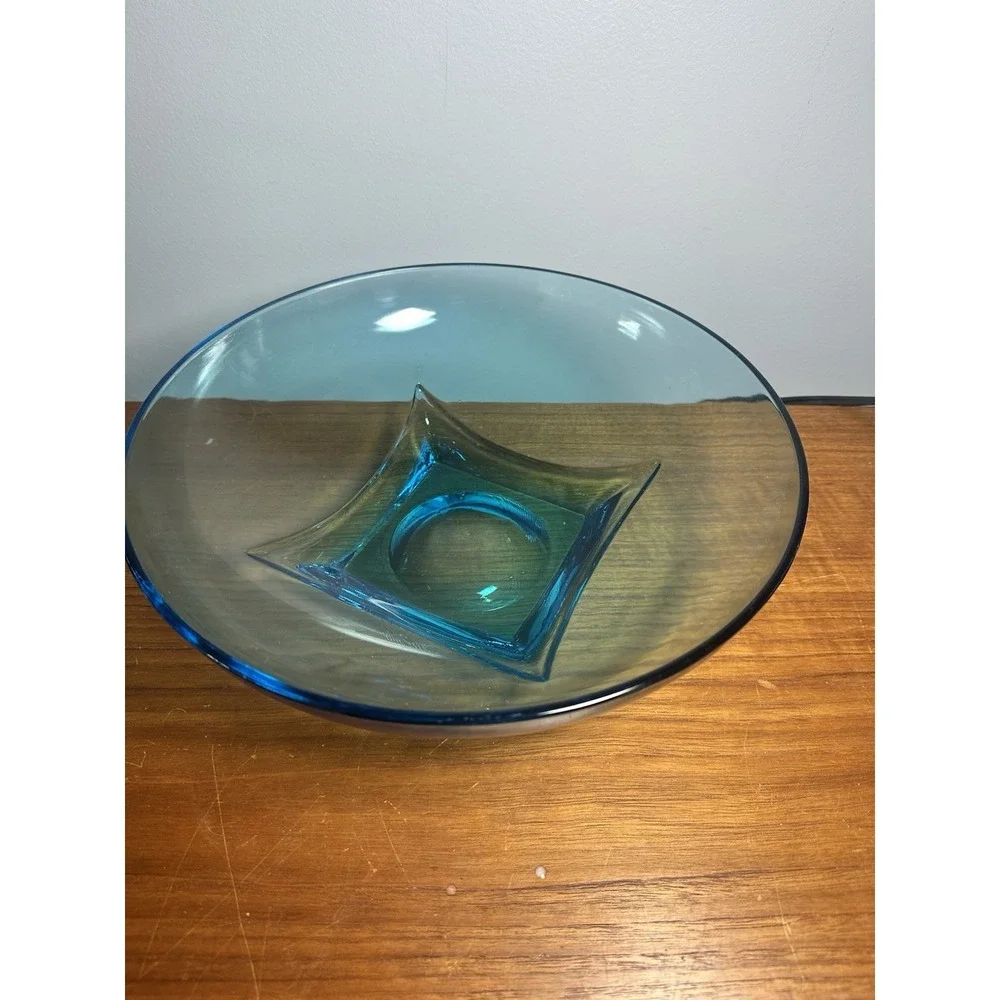 Vintage MCM Blue Art Glass Hazel Atlas Console Bowl 11